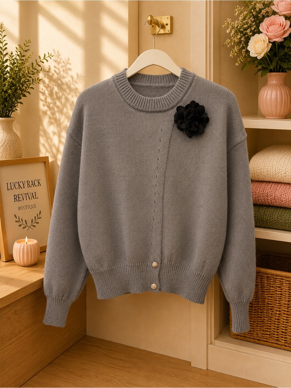 Gray Knit Cardigan Sweater with Black Floral Accent | Cozy Boutique Stle